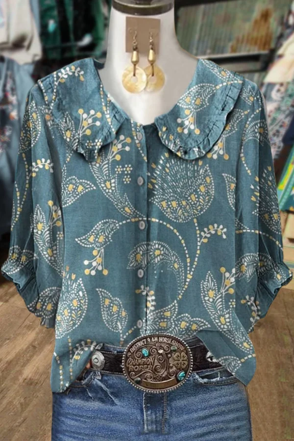 Retro Floral Print Peter Pan Collar Top
