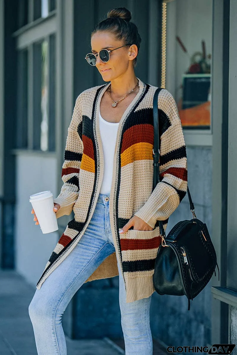 Long Sleeve Open Front Striped Cardigan