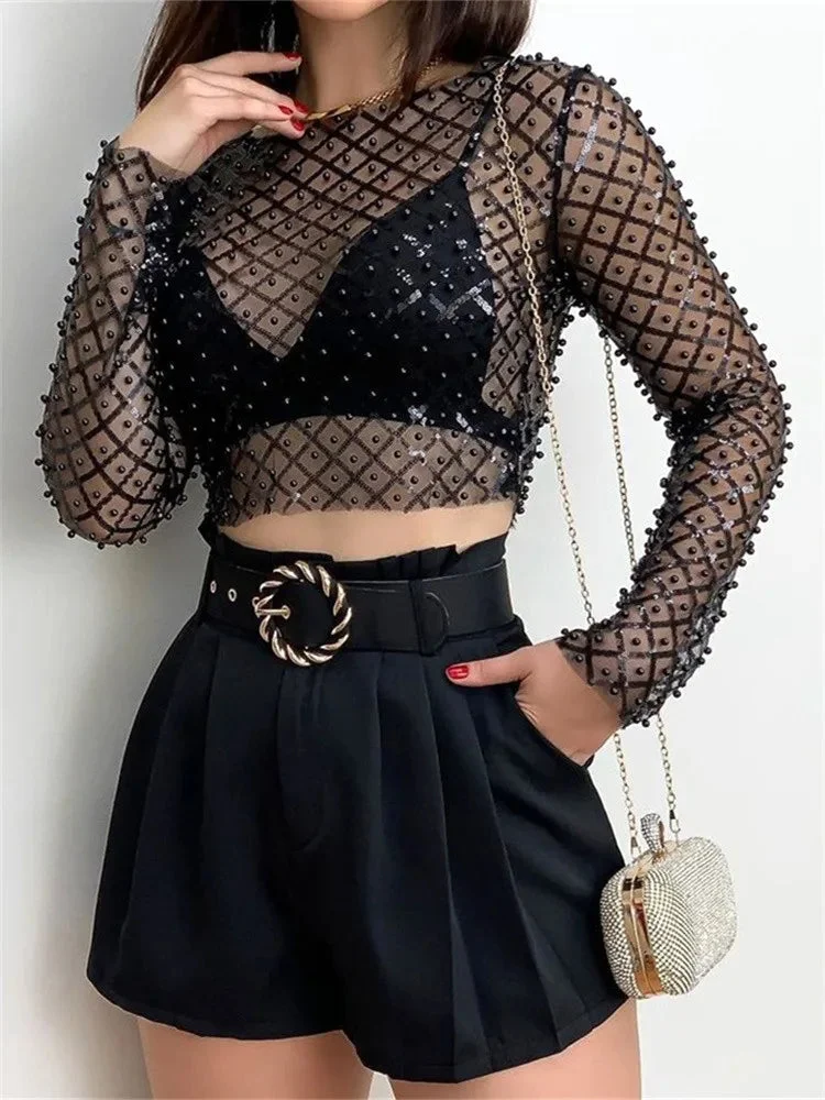 Nncharge Women Pearl Sparkly See Through Shirts Long Sleeve Mesh Crop Tops 2024 Summer Club Sexy Harajuku Gothic Tops and Blouses Summer