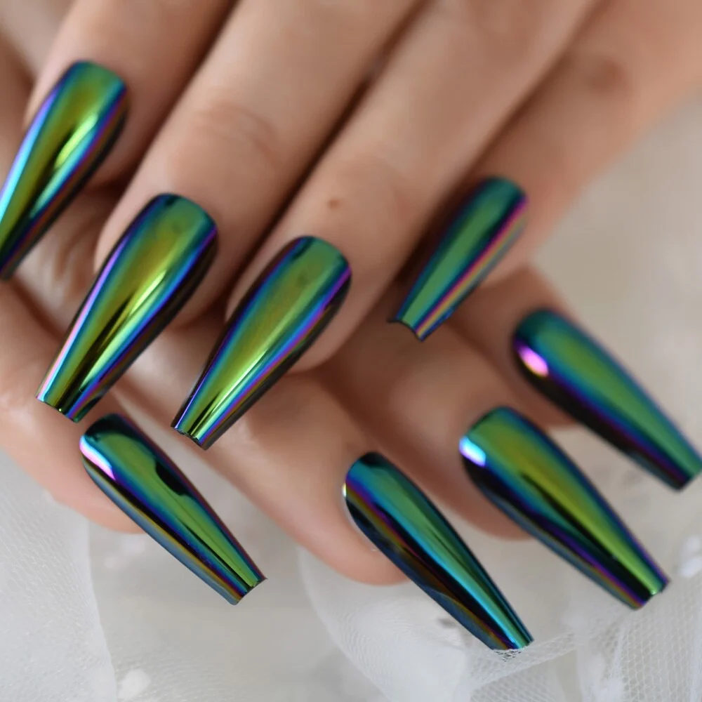 Chrome Fake Nails Press On Square Nails Full Cover Fingernails Green Electroplate Design Short Style With Glue Sticker Manicure-Nail Inspo