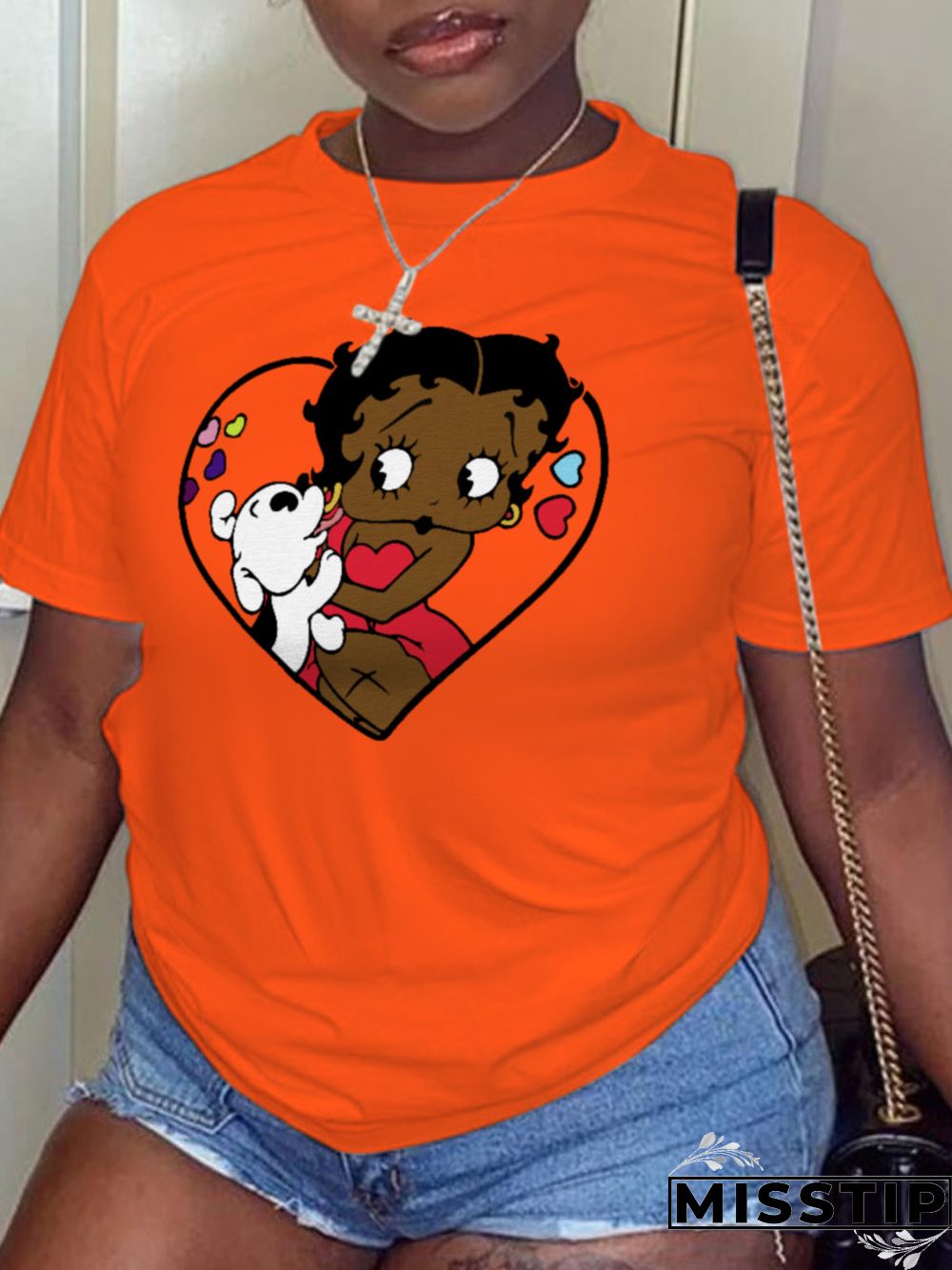 Orange Casual Street Character Patchwork O Neck T-Shirts
