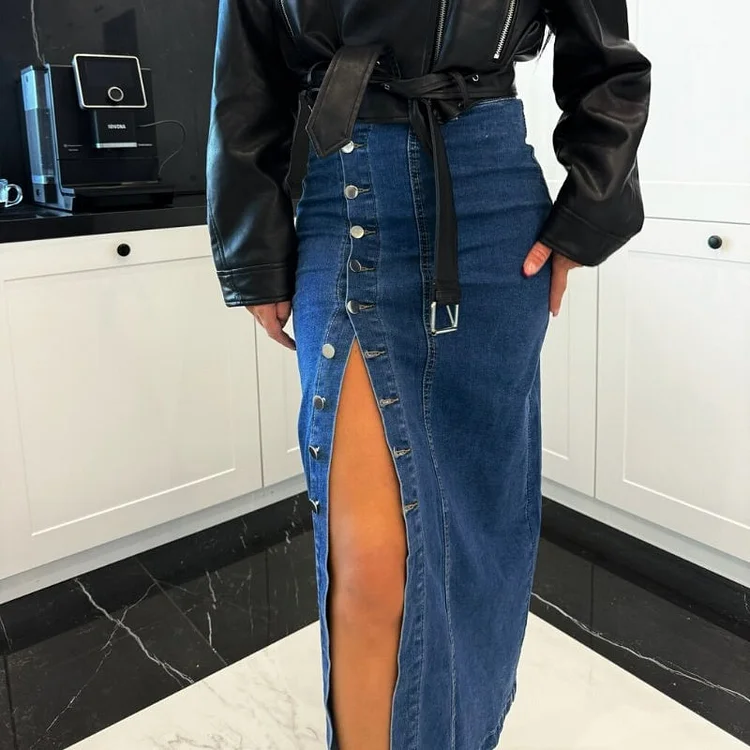 🌸Spring Specials💐 Stylish Button Closure Split Denim Bodycon Skirt 
