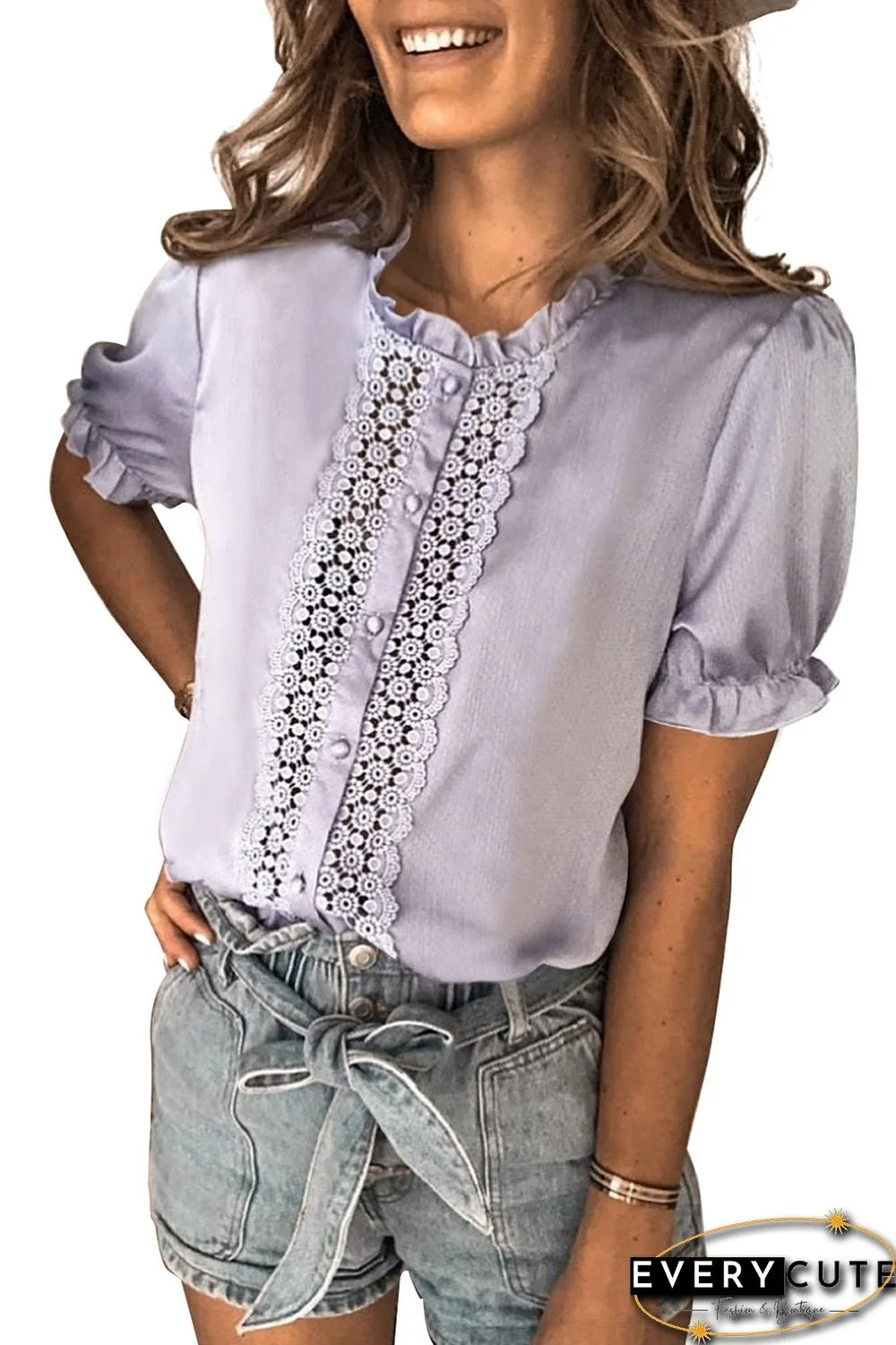 Violet Lace Crochet Frilled Short Sleeve Top