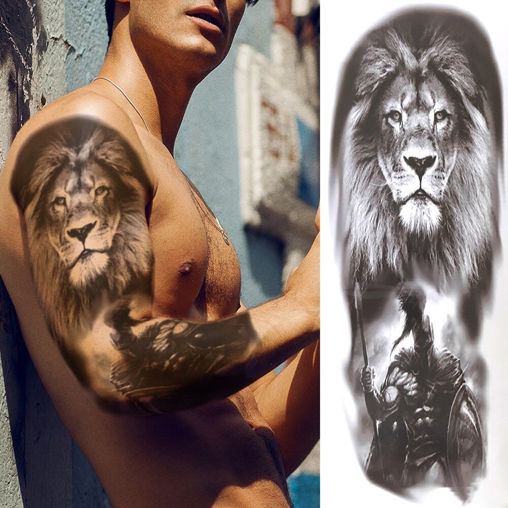 Gingf Large Lion Temporary Tattoo Sleeves For Men Women Adult Gladiator Wolf Tiger Warrior Tattoo Full Arm Sticker Fake Tatoos