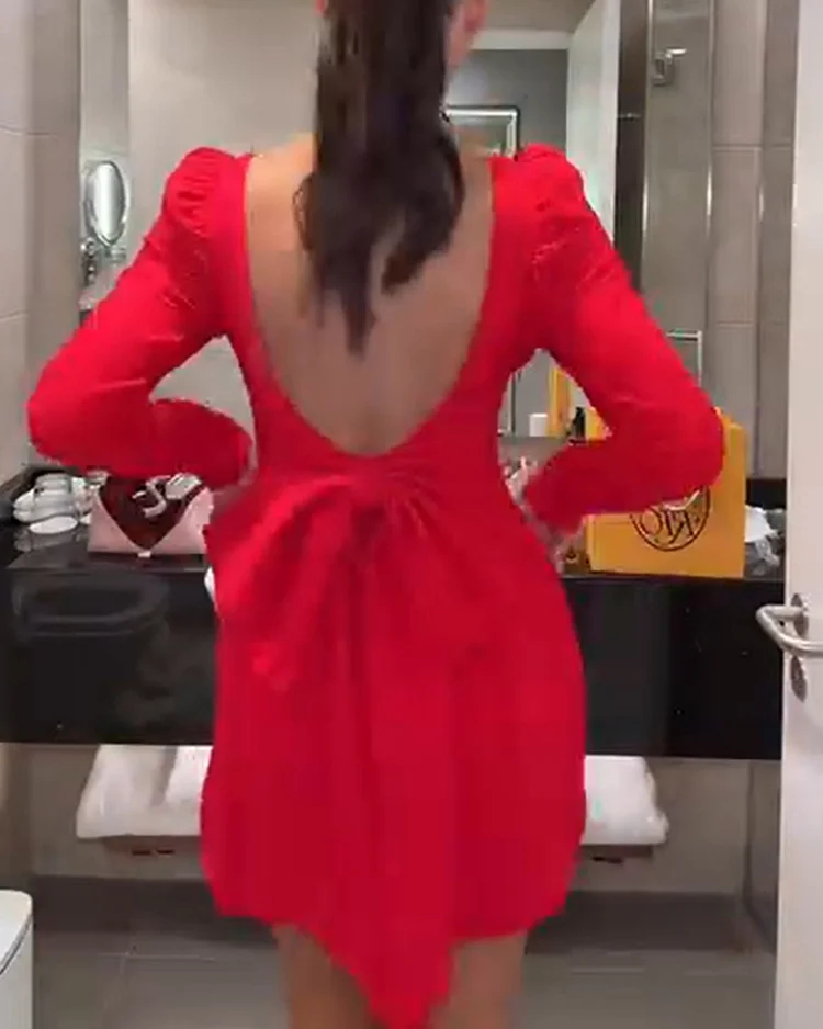 Women's solid color backless bow dress