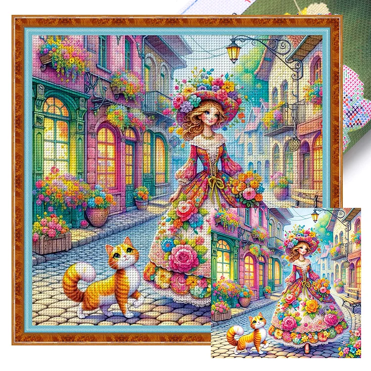 Girl And Kitten On The Street (50*50cm) 11CT Stamped Cross Stitch gbfke