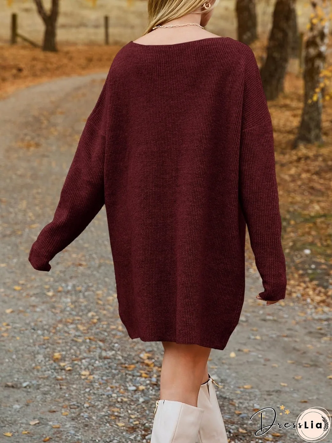 V-Neck Dropped Shoulder Sweater Dress