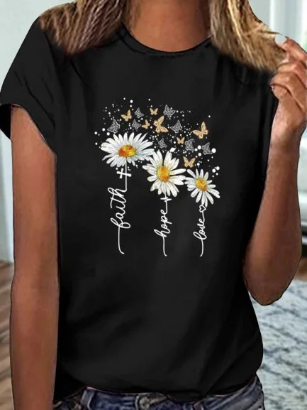 Bestdealfriday Vintage Short Sleeve Floral Butterfly Letter Printed Crew Neck Plus Size Casual Tops 8783095