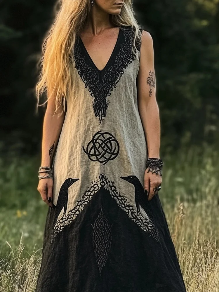 VChics Mystical Viking Raven Embroidered Contrast Linen Dress