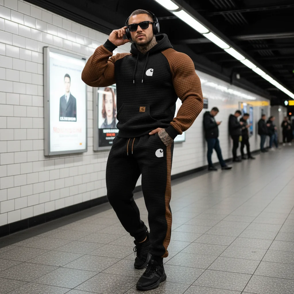 Men's Vintage Black Brown Waffle Quilted Plaid Pocket Hoodie And Sweatpants Jogger Set