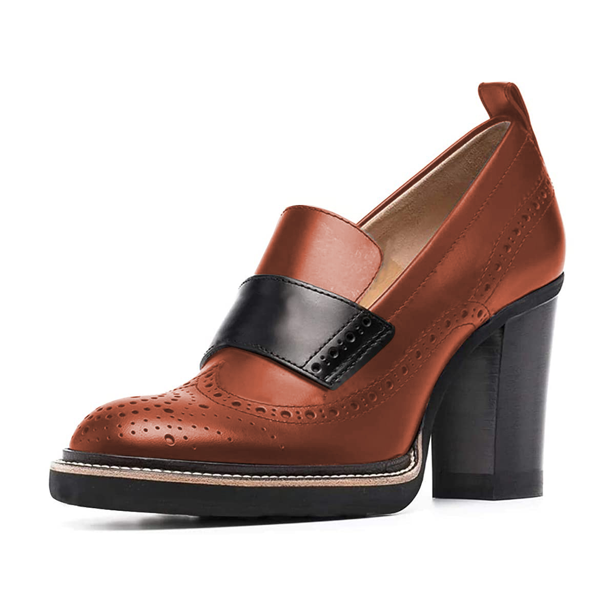 Brown Vegan Leather Round Toe 4'' Chunky Heel Loafers for Office Nicepairs