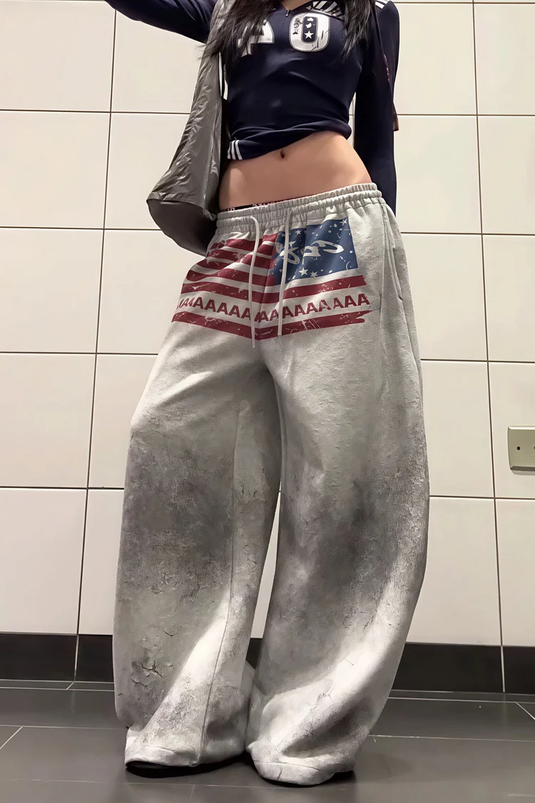 Retro Gray Graphic Drawcord Baggy Sweat Pants