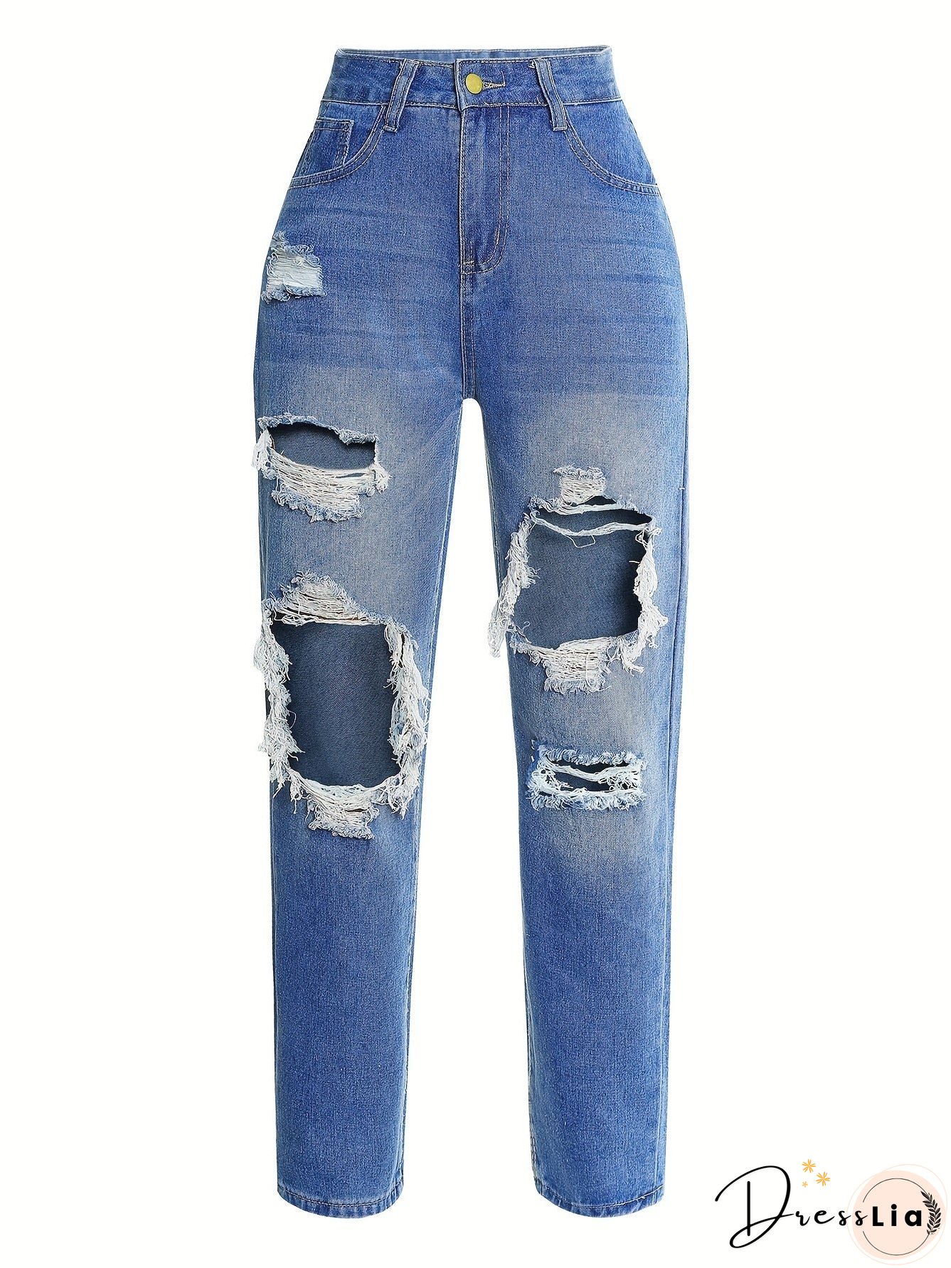 Blue Ripped Straight Jeans Slash Pockets High Waist Distressed Denim Pants Womens Clothing