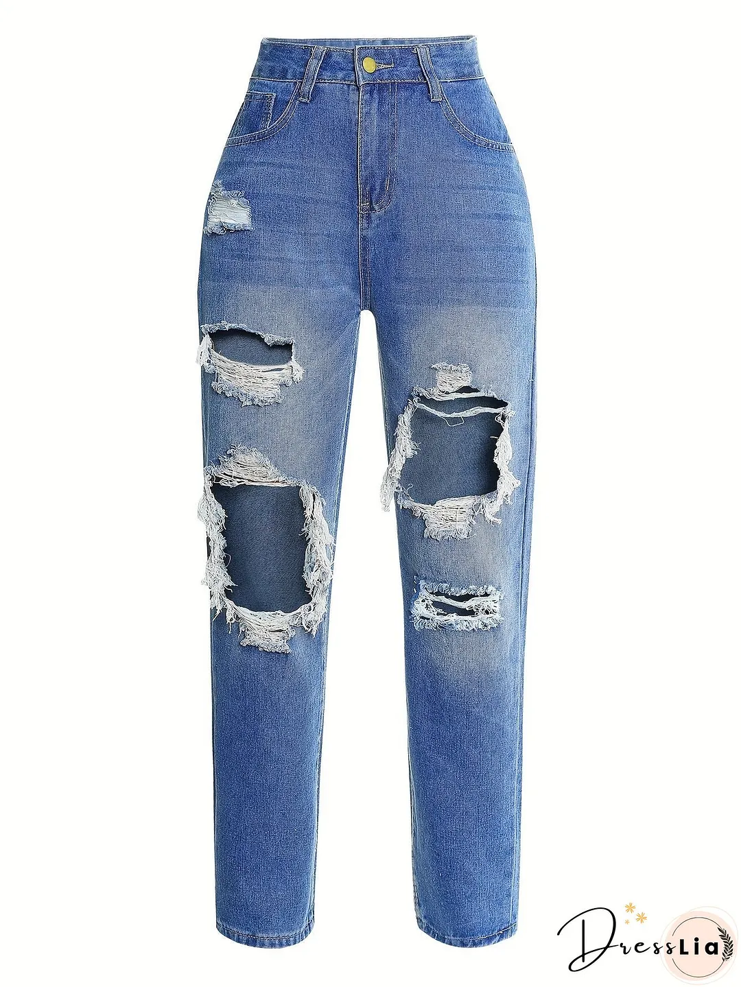 Blue Ripped Straight Jeans Slash Pockets High Waist Distressed Denim Pants Womens Clothing