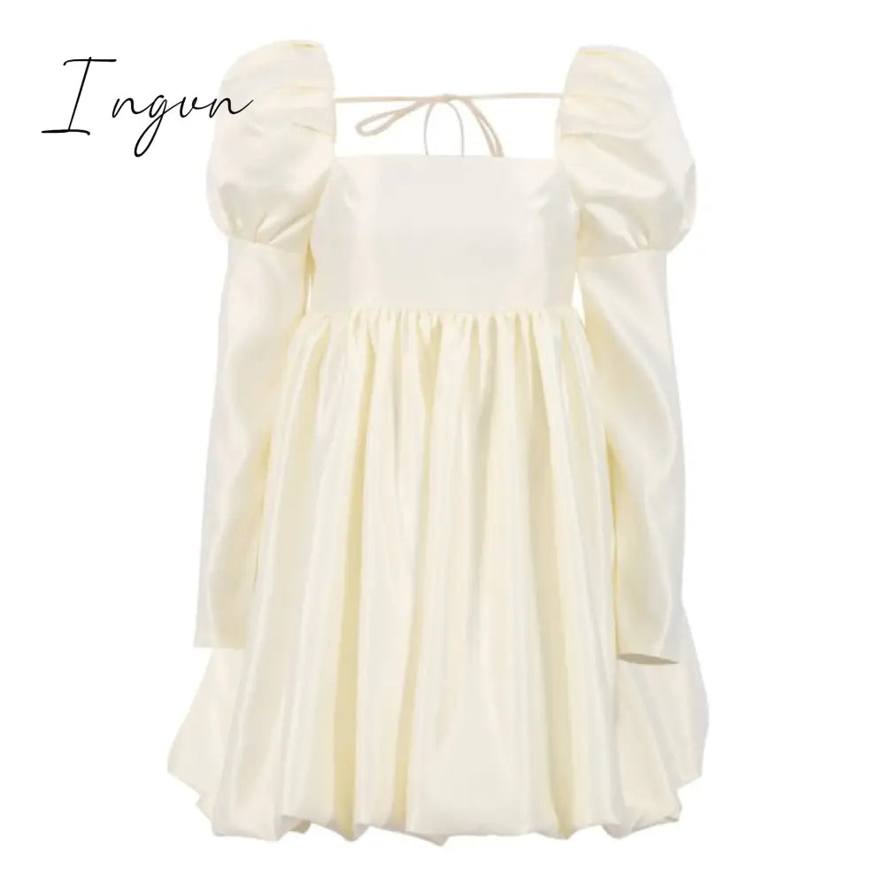 Ingvn - New Fashion Puff Sleeves Woman Party Dress Evening Chic Square Collar Ball Gown Short Beige