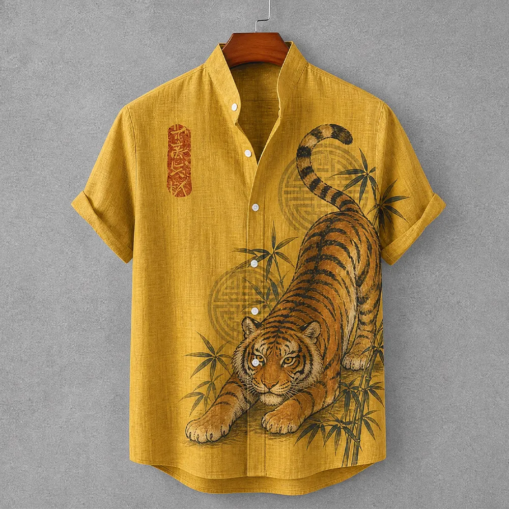 Men's Japanese Ukiyo-e Yellow Tiger And Bamboo Graphic Print Short Sleeve Shirt  artssus