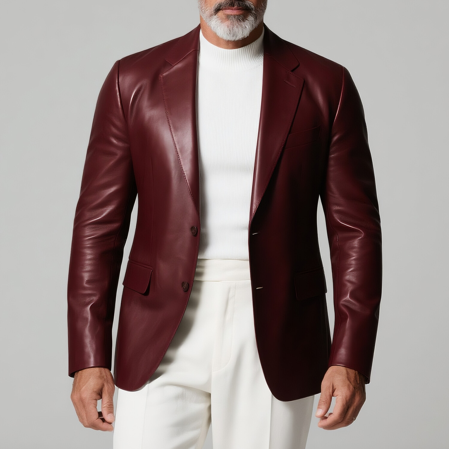 Men's Notched Lapel Long Sleeve PU Leather Single Breasted Blazer