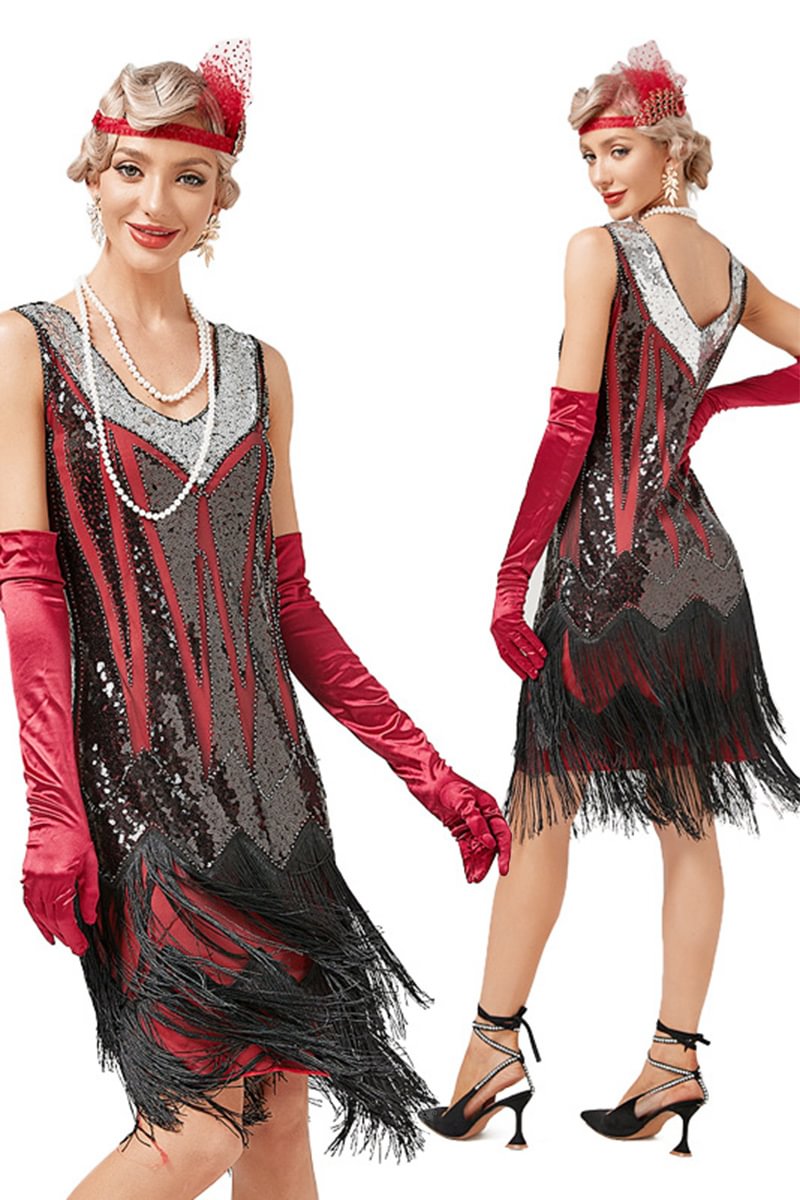 1920s Red Retro Sequin Fringe Cocktail Party Sleeveless Midi Dress