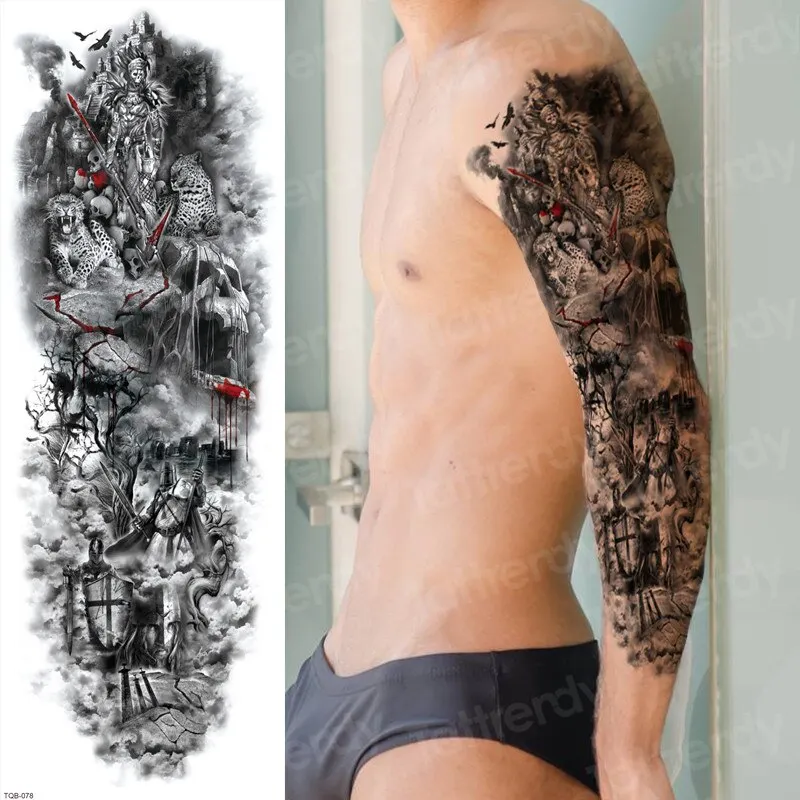 temporary tatoo men large waterproof temporary arm sleeve tattoo black robot mechanical tattoos tribal lion head king fox design