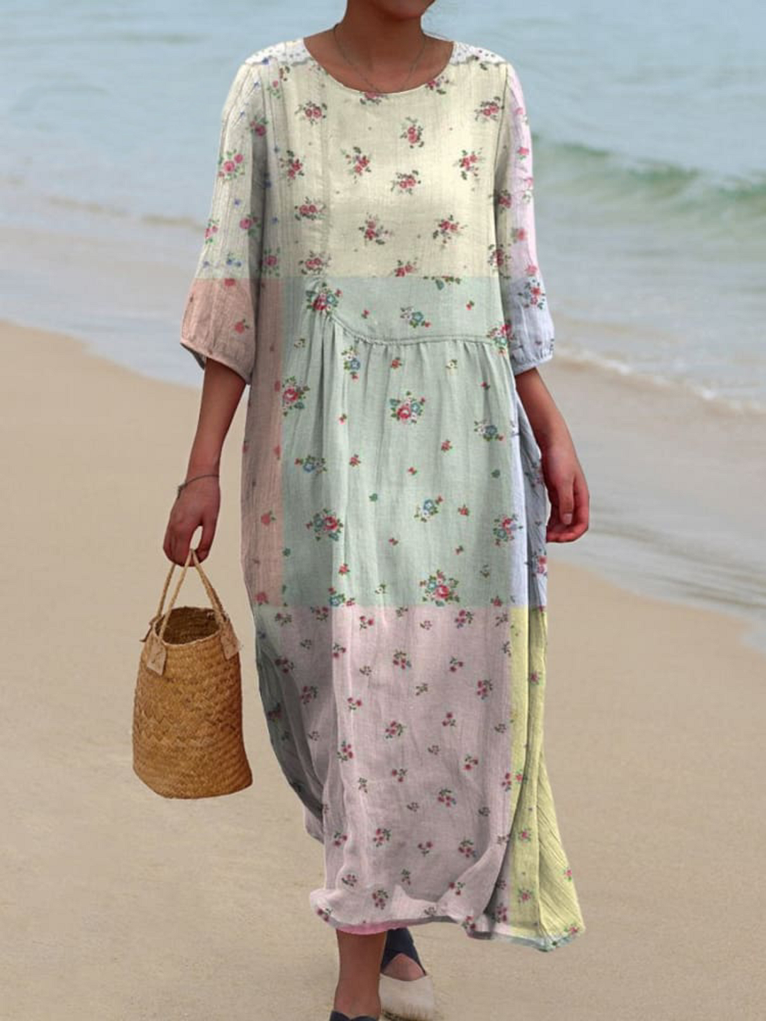 Women's Vintage Patchwork Floral Print Pocket Cotton Dress