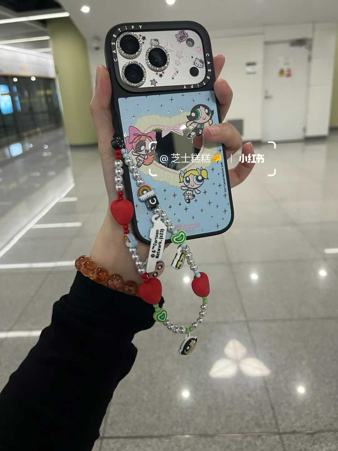 CASETiFY Powerpuff Girls Mirror Heart Phone Case with Colorful Beaded Charm Strap for iPhone