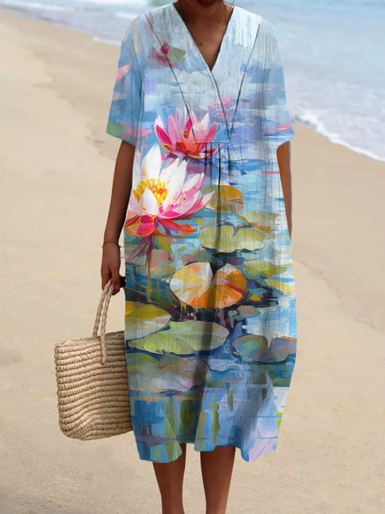 Elegant Oil Painting Flower Lotus Printed Women's Casual Cotton And Linen