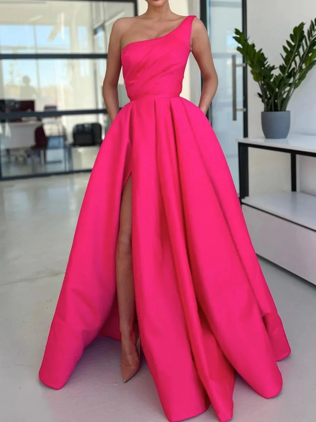 Simple One Shoulder Pink Long Prom Dress High Slit A Line Pleated Formal Dress YH0080