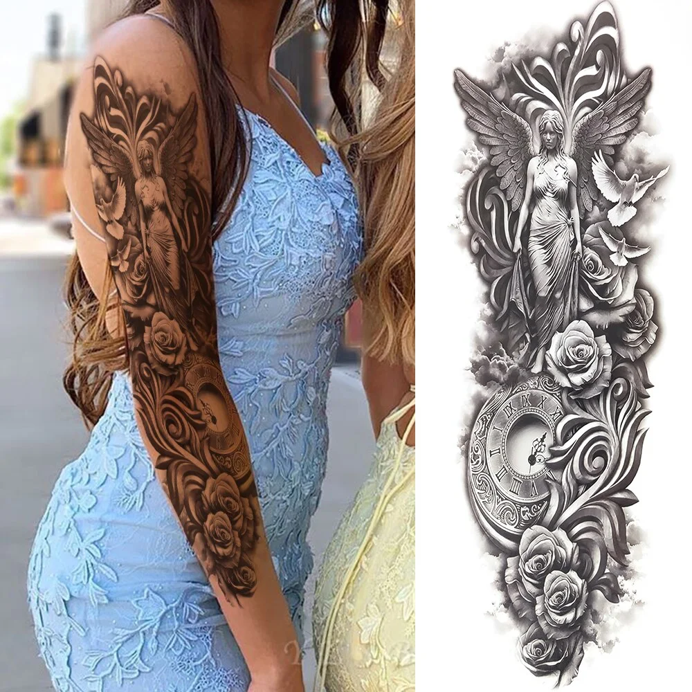 Sdrawing Totem Tattoo Arm Sleeve For Men Women Adult Realistic Fake Skeleton King Temporary Tattoo Evil Eye Demon Death Skull Tatoo