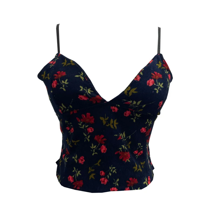 Uveng Real Shooting Hottie Deep V-Neck Broken Flower Short-Sized Hong Kong Wind Sling Female Wear With Chest Cushion Small Waistcoat Sleeveless Top 1727