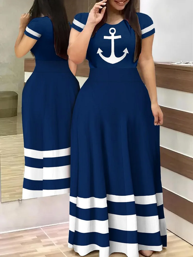 Plus Size Anchor Striped Print Short Sleeve Maxi Dress