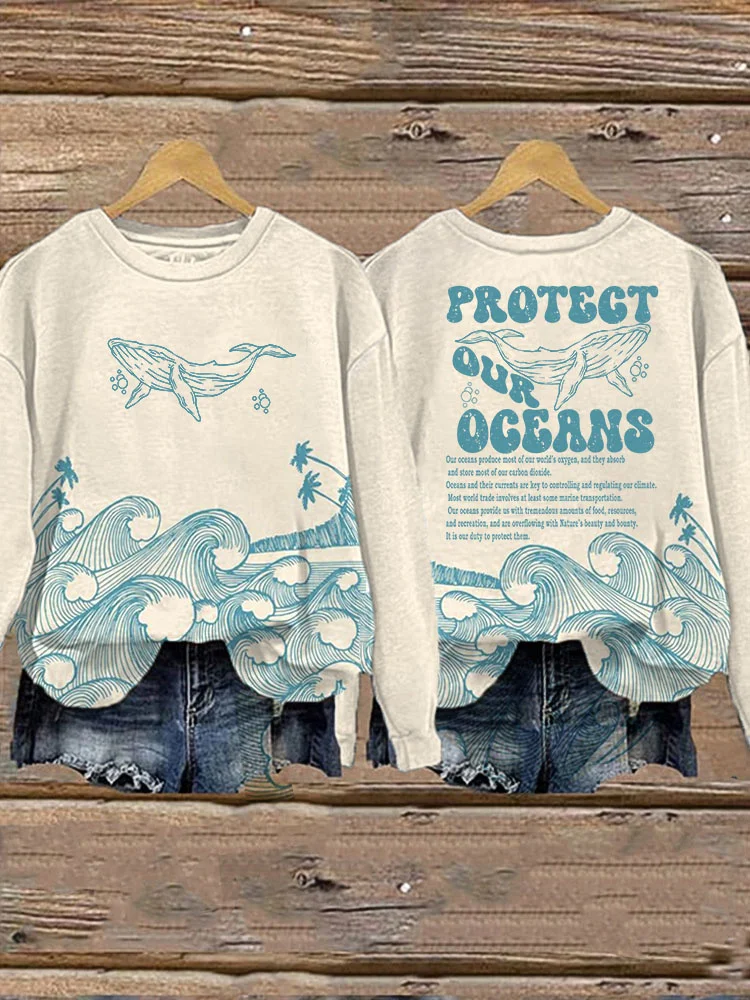 Protect Our Oceans whale wave print sweatshirt