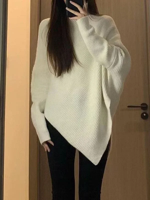 Asymmetric Solid Color Velvet Long Sleeves Loose High Neck Sweater Tops Pullovers Knitwear
