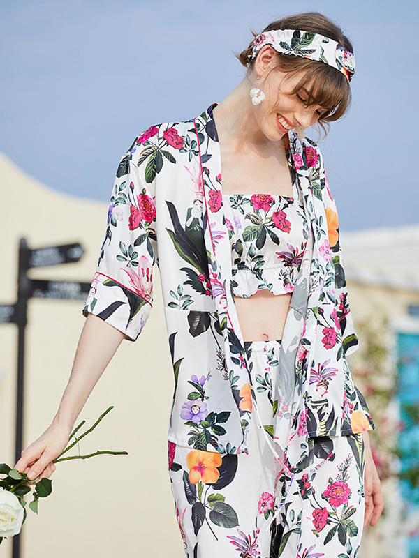 Floral Printed Silk Pajamas Set|4pcs-Real Silk Life