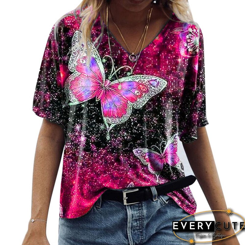Women's Fashion Spring and Autumn New Five-point Sleeve Butterfly Print Tops
