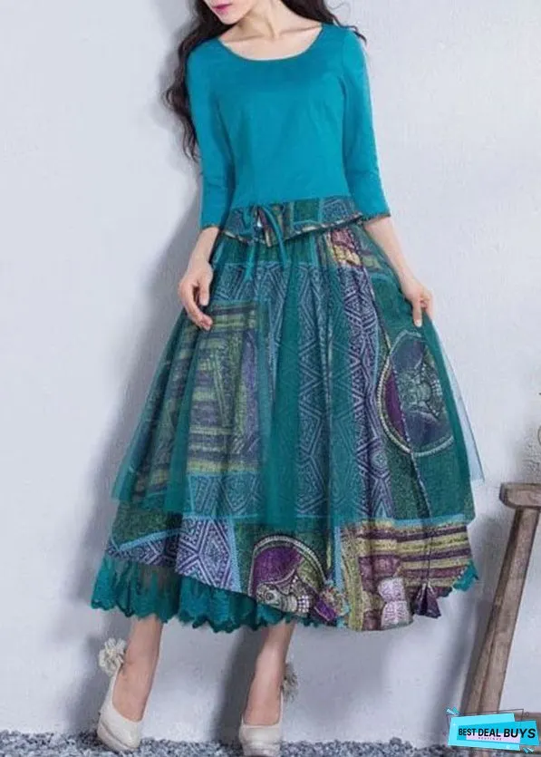 Stylish Blue Print Wrinkled Lace Patchwork Chiffon Skirt Summer