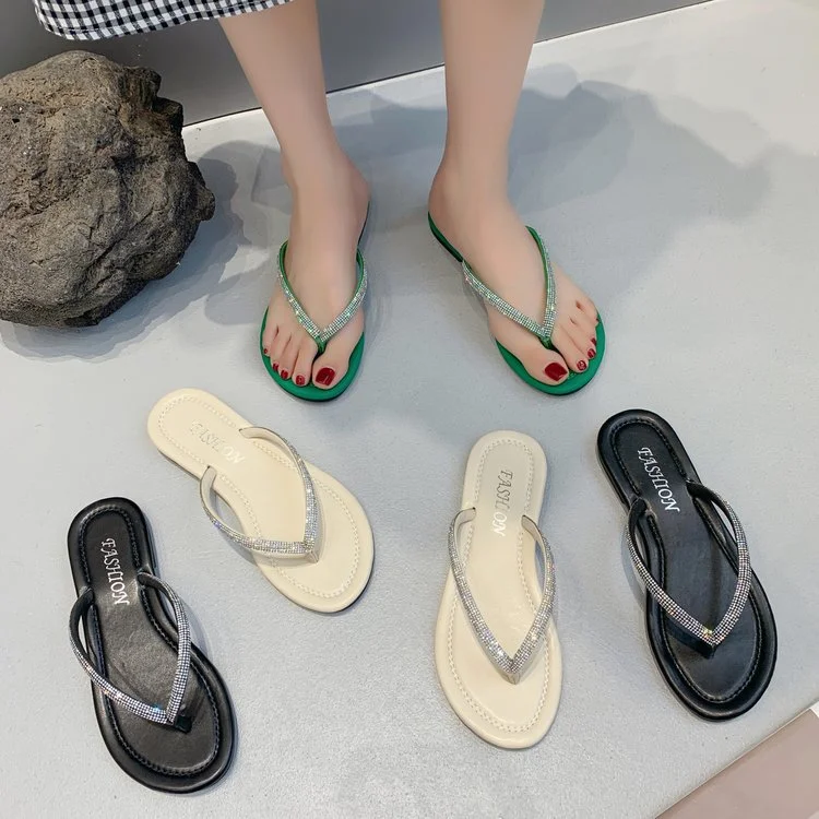 Churchf Churchf Celebrity Rhinestone Clip Summer 2023 Korean Flat Drag Candy Color Fairy Shoes To Wear Women's Slippers