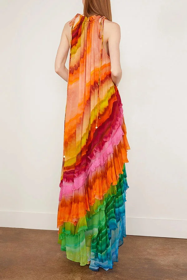 Rosha Georgette Crepe Tie-dye Print Layered Ruffles A-line Maxi Dress