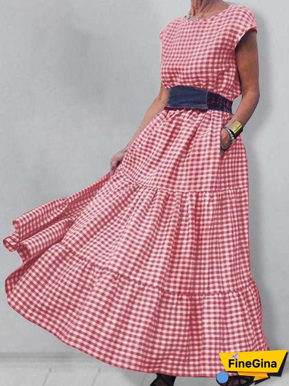 Women'S Dresses Check Print Crew Neck Pocket Maxi Dress