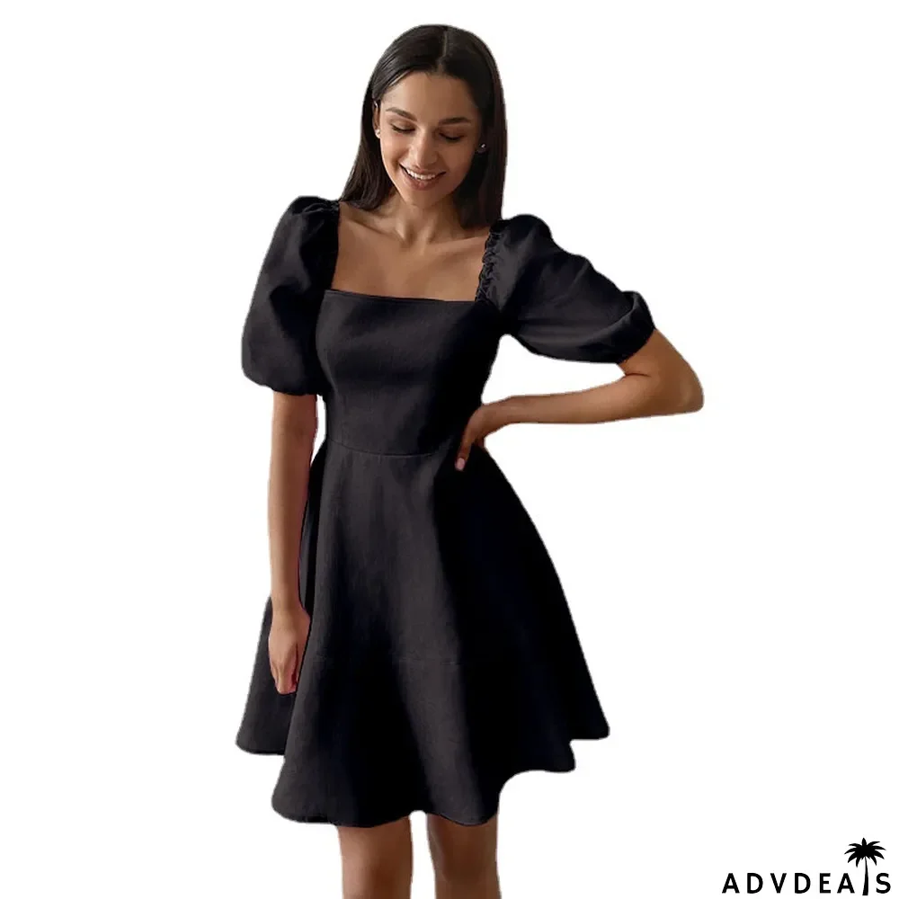 Spring Summer Solid Color Short Sleeve Square Neck Fairy Dress