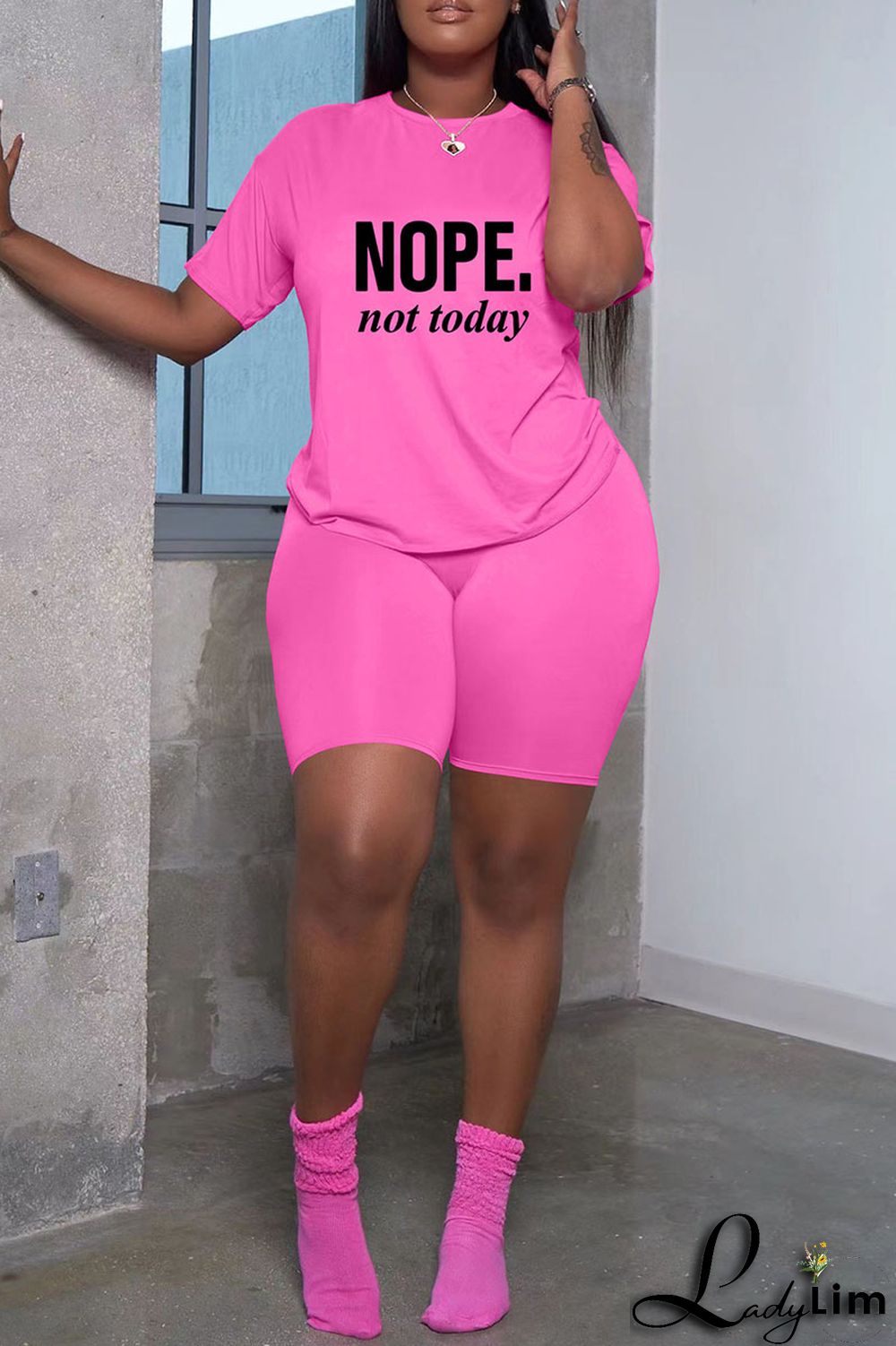 Grey Fashion Casual Letter Print Basic O Neck Short Sleeve Two Pieces