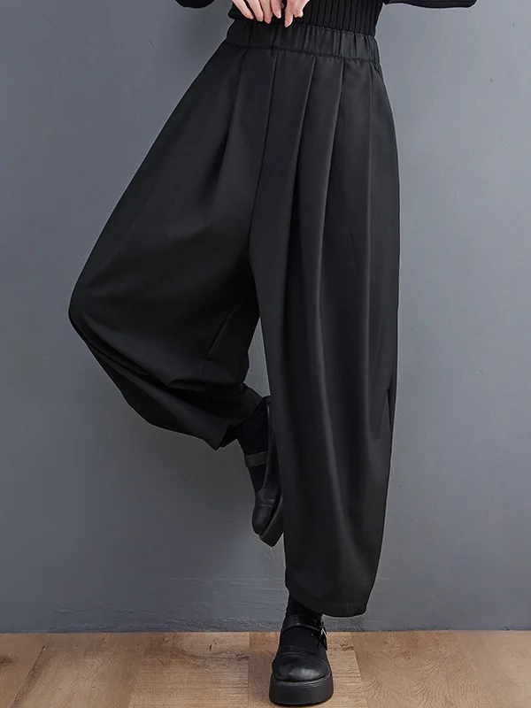 Casual Wide Leg Loose Pleated Solid Color Pants