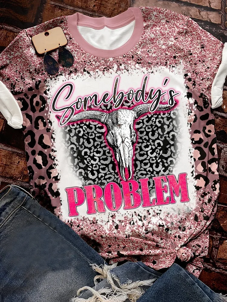 Somebody's Problem Country Music Western Horns Leopard Bleached Print Short Sleeve T-shirt