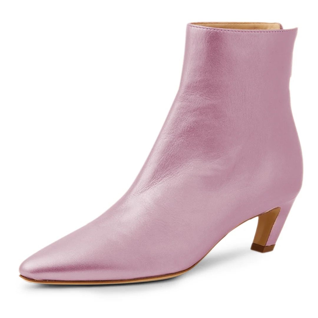 Shiny Pink Vegan Leather Pointed Toe Back-Zip Kitten Heel Ankle Boots