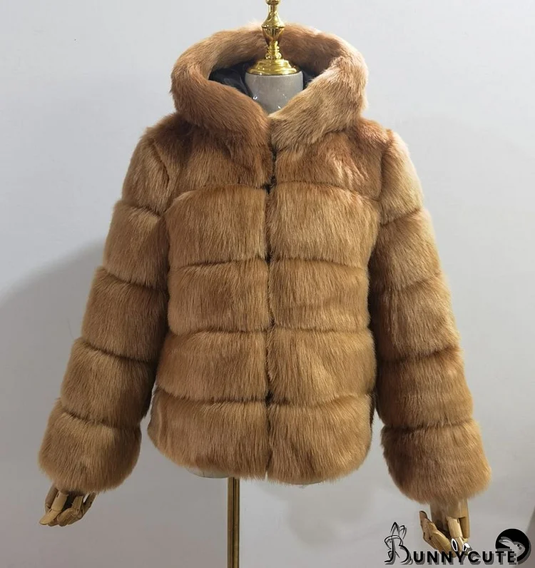 Women Faux Fox Fur With Hood Long Sleeve Jacket