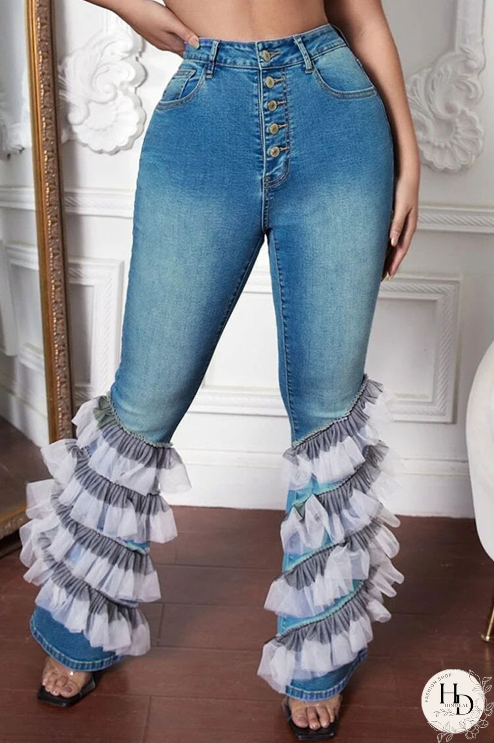 The cowboy blue Casual Street Solid Patchwork High Waist Denim Jeans