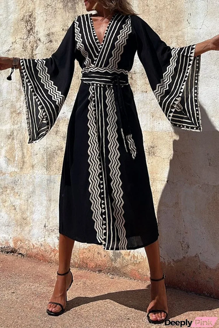 Bohemian College Geometric Print Patchwork V Neck Dresses