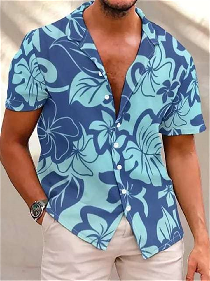 Men's Short Sleeve Lapel Shirt Hawaii Shirt Blue Gray White Men's Short-sleeved Shirt