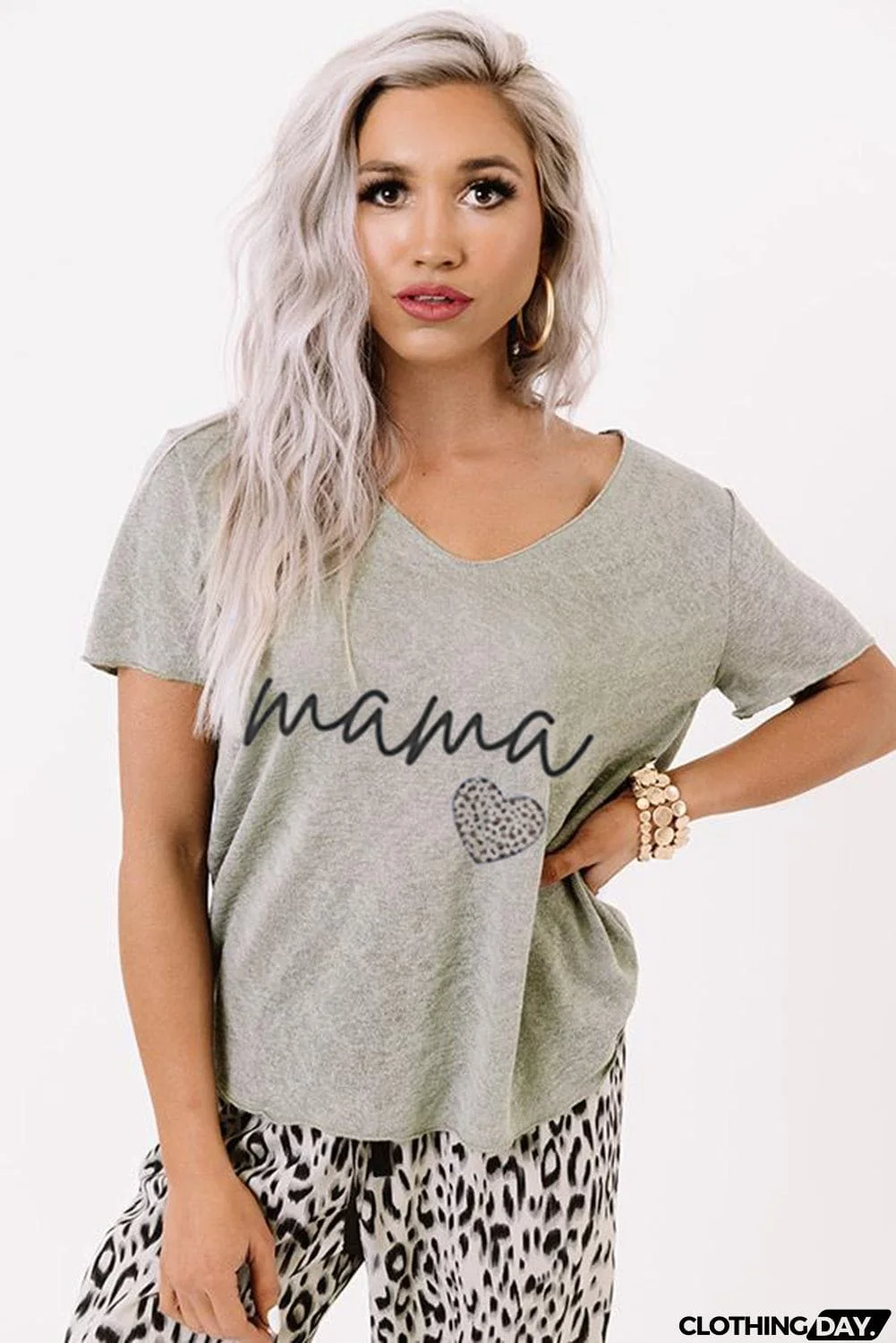 Print V Neck Elastic Waist Loose Lounge Set