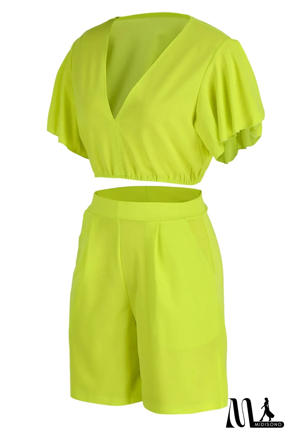 MidiSono - Yellow Casual Solid Patchwork Flounce V Neck Short Sleeve Two Pieces
