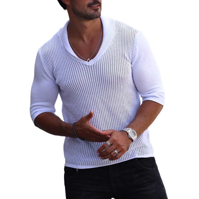 Men's Knitted Hollow Thin V-Neck Slim Fit Mid-Sleeve Pullover 22331765Y